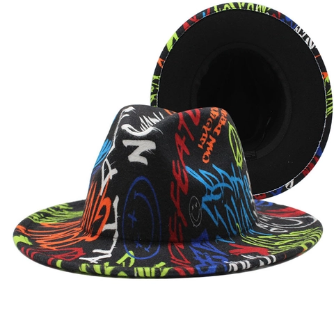 Wide Brim Fedora Hat Wool Felt Colorful Graffiti Print Jazz Hat For Men Women Pop Art Style
