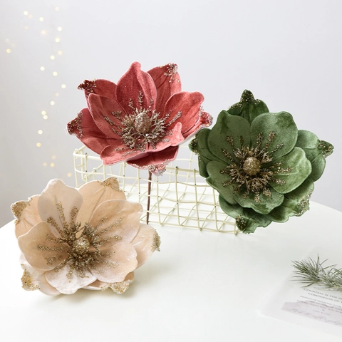 Christmas Artificial Magnolia Flower Velvet Cloth Glitter Decoration For Festive Party Layout Tree Ornament Home Decor