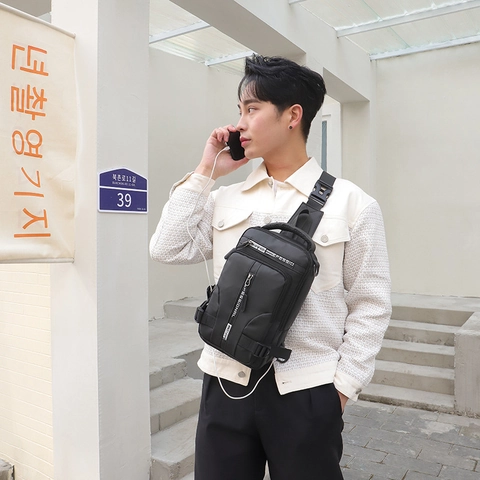 Herren Brusttasche Wasserdicht Nylon Sling Umhängetasche Mit USB Ladeanschluss Multifunktionale Lässige Reise Für Männer