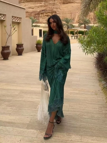 Elegante Maxi-Jurk Met V-Hals En Eén Schouder Voor Dames Pailletten Met Zigzagprint Franje Trim Lange Robe Voor Vakantie
