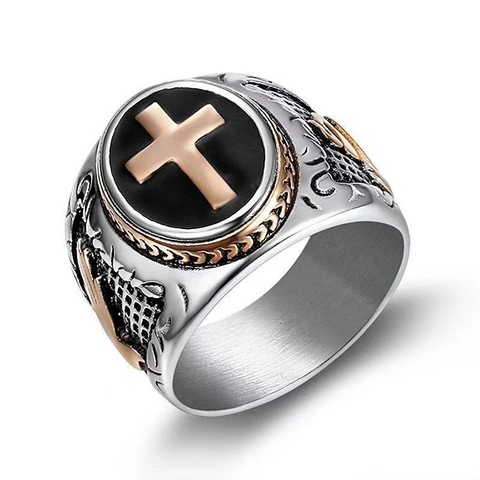 Anillo Sigillo Retrò Croce Uomo Acciaio Titanio Inciso Stile Gotico Hip Hop Gioielli