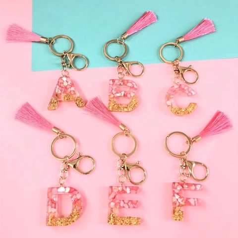 Llavero De Letra Inicial Resina Concha Rosa Pan De Oro Borla Colgante De Bolso Moda Regalo