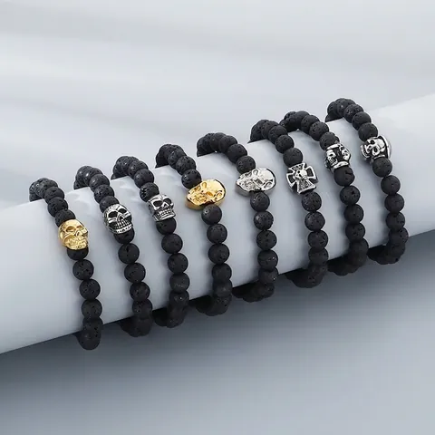 Black Lava Stone Skull Beaded Bracelet For Men Gothic Punk Rock Elastic Volcanic Rock Jewelry Halloween Gift