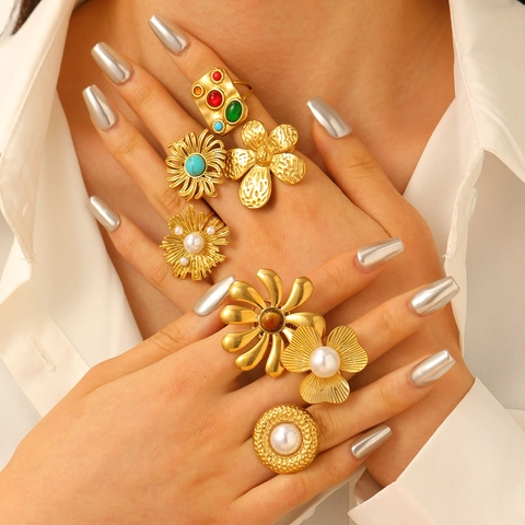 Bohemian Stainless Steel Rings Gold Plated Faux Artificial Pearl Turquoise Retro Flower Adjustable Chunky Finger Jewelry For Women