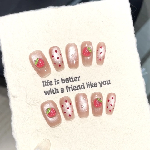 Uñas Postizas Fresa Ojo De Gato Rosa Uñas Artificiales Con Lunares Corto Redondo Cuadrado Lindo Hecho A Mano Para Mujeres