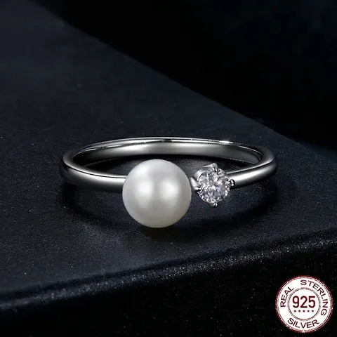 Elegant Natural Artificial Pearl Moissanite Ring 925 Sterling Silver White Gold Plated Luxury Commute Jewelry For Women