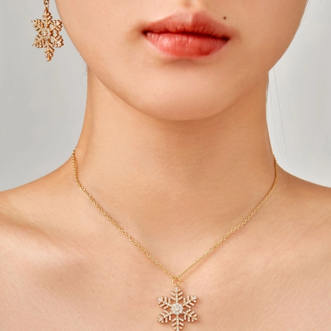 Vintage Koper Zirconia Sneeuwvlok Ketting En Oorbellen Ensemble Voor Dames Luxe Kerstmis Sieraden Collectie Cadeau