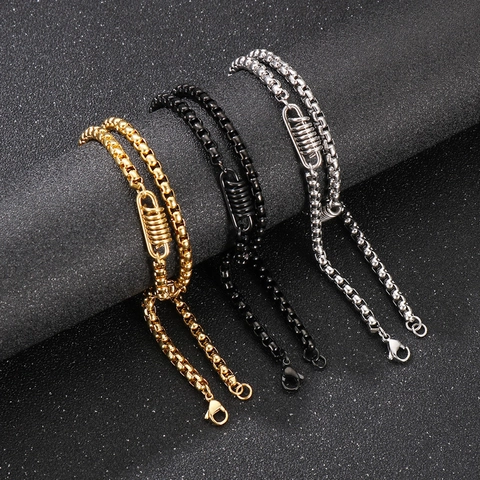 Stainless Steel Box Chain Necklace With Spring Coil Decorative Industrial Punk Style Minimalist Men Jewelry