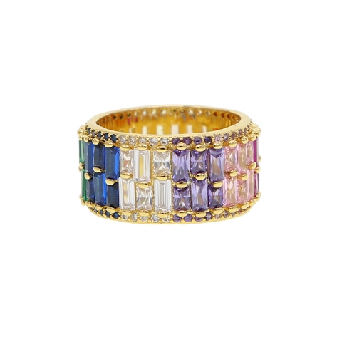 Kleurrijke Regenboog Zirconia Vergulde Koperen Ring Voor Vrouwen Mode Eeuwigheid Bruiloft Band Vingering Verloving Sieraden Cadeau