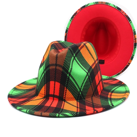 Fedora Hut Breite Krempe Wollfilz Vintage Britischen Stil Plaid Farbblock Jazz Kappe Für Herren Damen