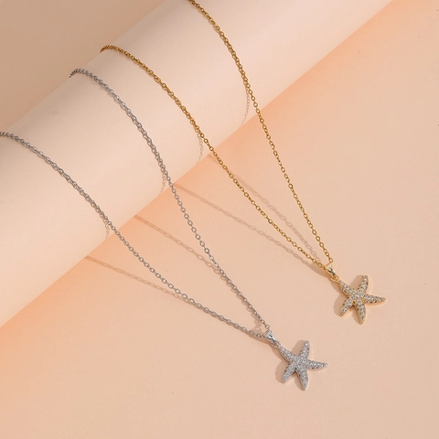 Collar Con Colgante De Estrella De Mar Acero Inoxidable Chapado En Oro Con Circonia Blanca Para Mujer Estilo Océano
