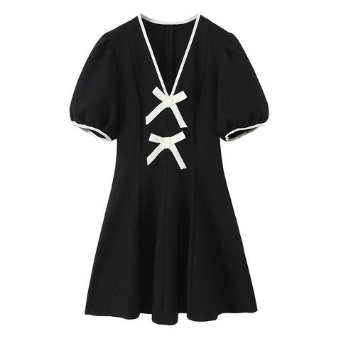 Mujer Mini Vestido Poliéster Color De Contraste Cuello En V Manga Abullonada Lazo Dulce Elegante Casual Verano Manga Cortα