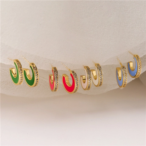 C Shape Hoop Stud Earrings Copper Gold Plated Colorful Enamel Micro Pave Cubic Zirconia Elegant Fashion For Women