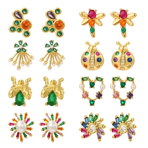 Colorful Zircon Animal Stud Earrings Copper Gold Plated Small Bee Ladybug Bird Lizard Fashion Jewelry For Women