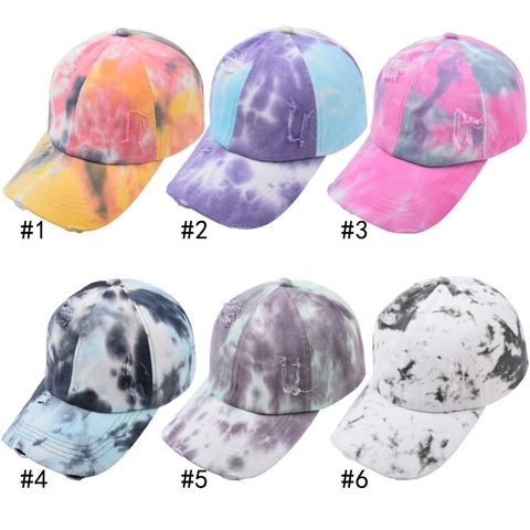 Tie-Dye Cotton Baseball Cap Distressed Ripped Streetwear Curved Brim Adjustable Metal Buckle Unisex Retro Style