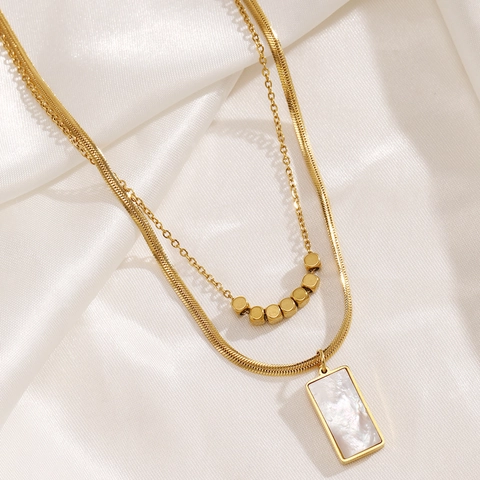 Minimalist Stainless Steel Double Layer Necklace For Women 18K Gold Plated Rectangular Shell Pendant Clavicle Chain Jewelry