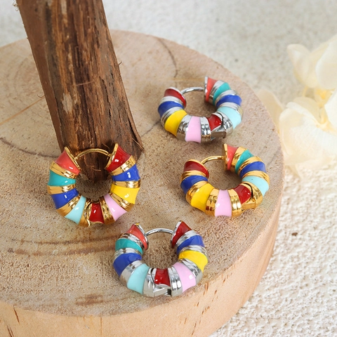 Orecchini A Cerchio In Acciaio Al Titanio Con Smalto Colorato A Righe Stile Francese Retro Forma C Per Donne