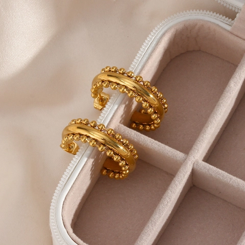Orecchini A Cerchio In Acciaio Inossidabile Placcati Oro 18K Bordo Perlato Forma A C Stile Boho Per Donna