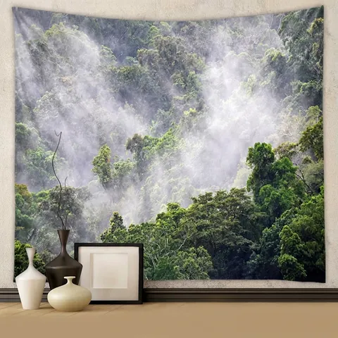 Forest Landscape Tapestry Nature Scenery Misty Woodland Wall Hanging Polyester Fabric For Bedroom Living Room Decor