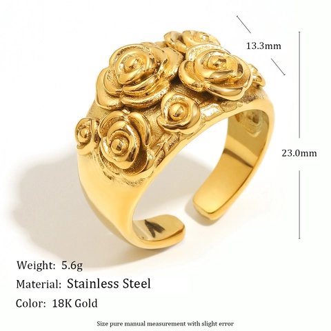 Franse Vintage Rozenbloem Cluster Ring 18K Verguld Roestvrij Staal Verstelbare Sieraden Voor Dames