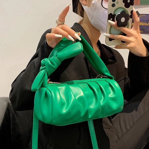 Ruched Cloud Shoulder Bag Women PU Leather Knot Handle Pleated Underarm Handbag Solid Color Fashion Chic Pouch