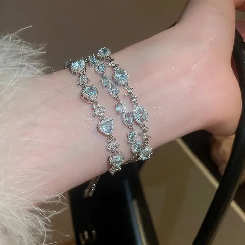 Elegante Lichtblauwe Zirkoon Armband Voor Dames Met Strik Hart Ovale Stenen Verzilverd Koper Verstelbare Armband