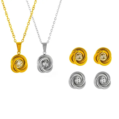 Collana E Orecchini A Lobo Acciaio Inossidabile 304 Zirconia Cubica Nodo Francese Rosa Fiore Gioielli Eleganti Donne