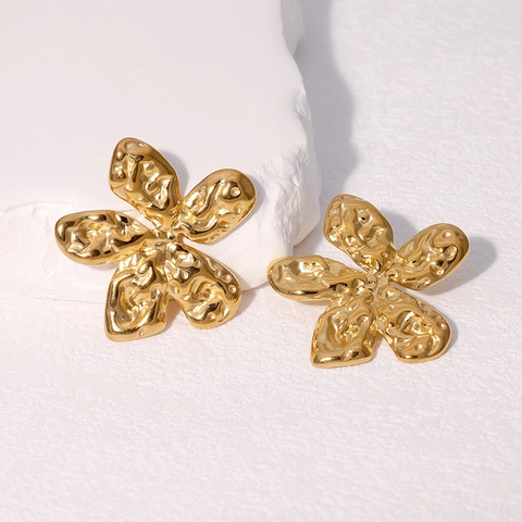 Blumen Ohrringe Edelstahl 18K Vergoldet Hammerschlag Textur Schick Elegant Floral Schmuck Damen