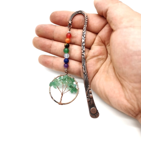 Vintage Metal Bookmark With Tree Of Life Pendant And Seven Chakra Natural Stone Beads Antique Bronze Style