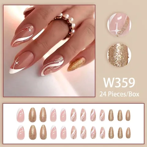 Unghie Finte Lunghe A Mandorla Motivo Onde Francesi Glitter Dorati Stelle Rosa Nudo Unghie Artificiali Per Donne