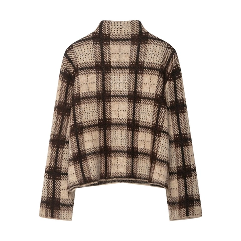 Suéter De Punto Jacquard A Cuadros Para Mujer Cuello Alto Manga Larga Retro Jersey Suave Cálido
