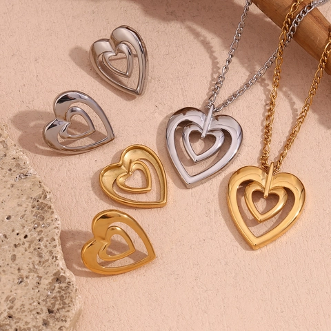Collar Y Pendientes De Doble Capa De Acero Inoxidable Con Corazón Hueco Chapado En Oro De 18K Joyería Geométrica Mujer