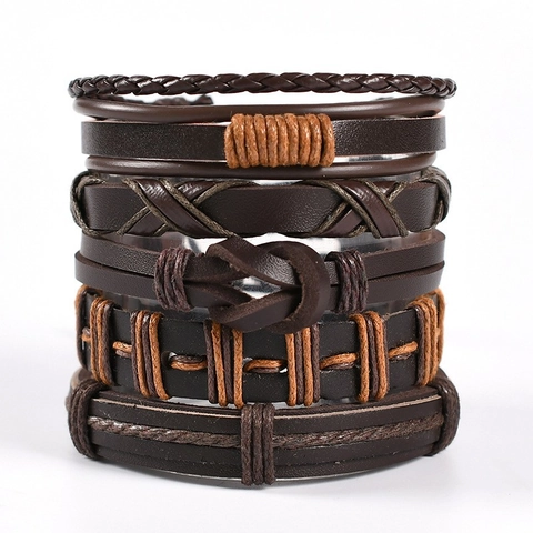 Ensemble de Bracelets en Cuir Tressé Multi-couches Punk Vintage pour Hommes Avec Breloques Crâne Plume Guitare Bijoux de Mode Retro