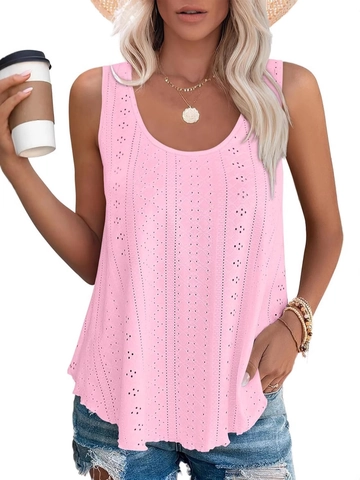 Women's Summer Casual Eyelet Embroidery Sleeveless Top Round Neck Loose Fit Polyester Tank Top Solid Color Soft Daily Wear