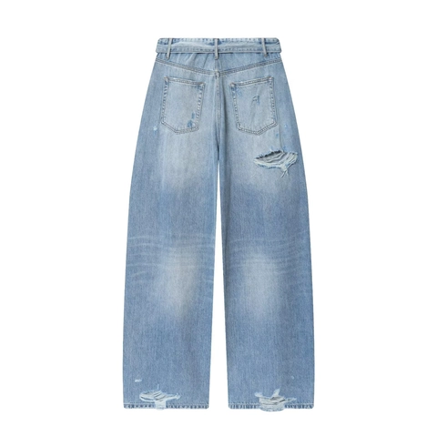 Women Wide Leg Jeans Denim Pants Folded Waistband Distressed Ripped Streetwear Retro Casual Sexy Style Pockets