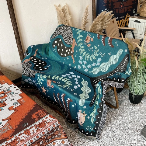 Coperta Intrecciata In Cotone Sirena Oceano Boho Con Nappine Copridivano Multifunzionale Arazzo Da Campeggio Picnic