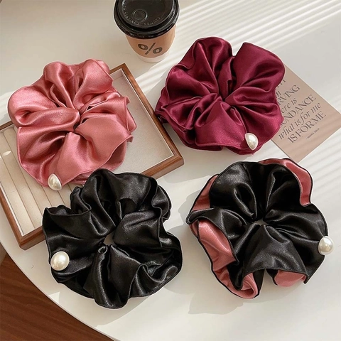 Satin Scrunchie With Faux Artificial Pearl Elegant Pleated Hair Tie Elastic Ponytail Holder French Style Accessories Women