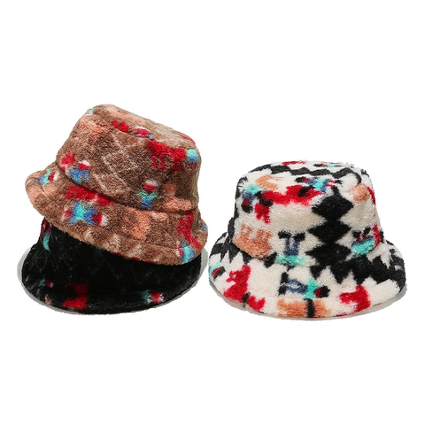 Warm Winter Faux Fur Bucket Hat Thick Lamb Wool Geometric Abstract Doodle Pattern Windproof Fisherman Hat For Men Women