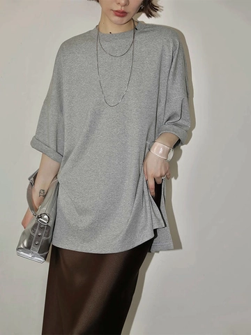 Damen Oversize T-Shirt Rundhals Baumwolle Sorona Fledermausärmel Seitenschlitz Einfarbig Lässig Locker