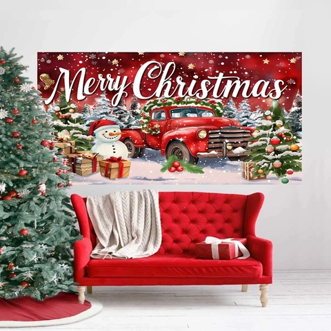 Weihnachten Hintergrund Polyester Roter LKW Schneemann Merry Christmas Party Dekoration Wandbehang Wandteppich Festlich Foto Requisite