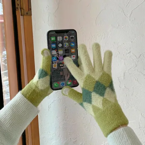 Damen Rautenmuster Strick Touchscreen Warme Handschuhe Winter Künstliche Wolle Jacquard Fünf Finger Reitfäustlinge Für Studenten Outdoor Thermozubehör