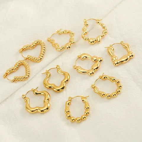 Stainless Steel Hoop Earrings For Women 18K Gold Plated Heart Twisted Bamboo Irregular Geometric Non-Tarnish Jewelry