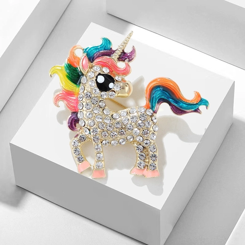 Spilla Unicorno Pin Lega Brillante Strass Smalto Arcobaleno Gioielli Animali Moda Accessorio Per Abbigliamento Donna