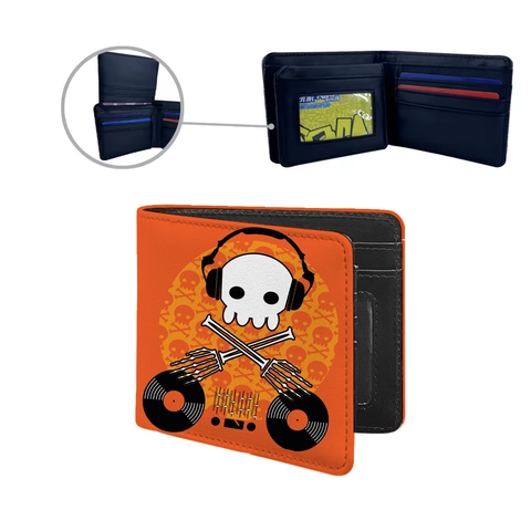 Herren Bifold Geldbörse PU Leder Bedrucktes Totenkopf Flammenmuster Mehrere Kartenfächer ID Fenster Kurze Brieftasche Cool Style