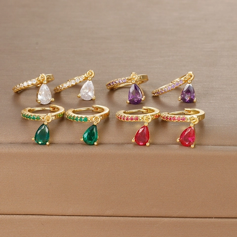 Pear Water Drop Zircon Huggie Hoop Drop Earrings With 925 Sterling Silver Earring Post Copper Luxury French Style Women
