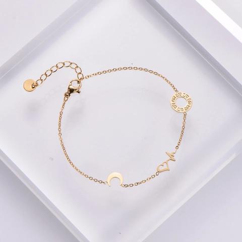 Pulsera De Mujer De Acero Inoxidable Chapado En Oro De 18K Cadena Minimalista Con Dijes De Corazón Hueco Luna Y Disco Griego