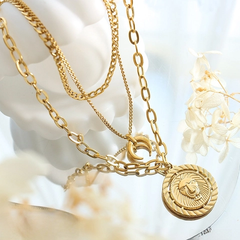 Collana Strati Medaglione Leone Pendente Mezzaluna Acciaio Titanio Placcato Oro 18K Gioielli Hip Hop Retro