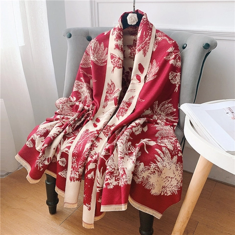 Women Elegant Imitation Cashmere Scarf Shawl French Toile De Jouy Botanical Pattern Warm Winter Thick Jacquard Tassel Wrap