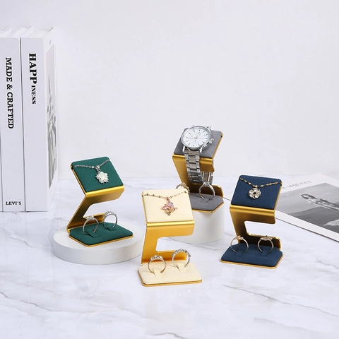 Z-Shaped Metal Jewelry Display Stand Microfiber Padding For Rings Earrings Watches Necklaces Luxury Retail Props