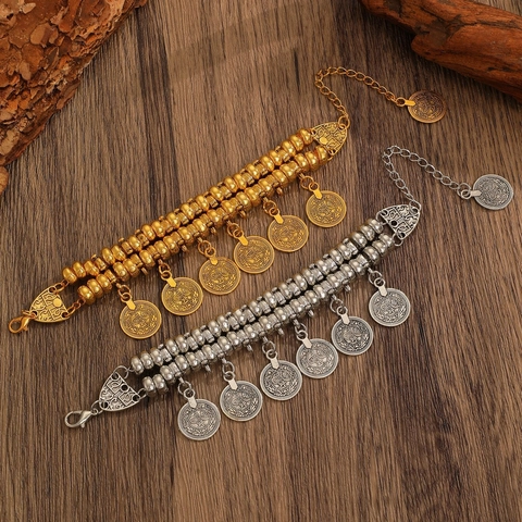 Vintage Bohemian Münze Quaste Armband Und Creolen Für Damen Legierung Ethno Mehrlagige Perlen Porträt Anhänger Schmuck
